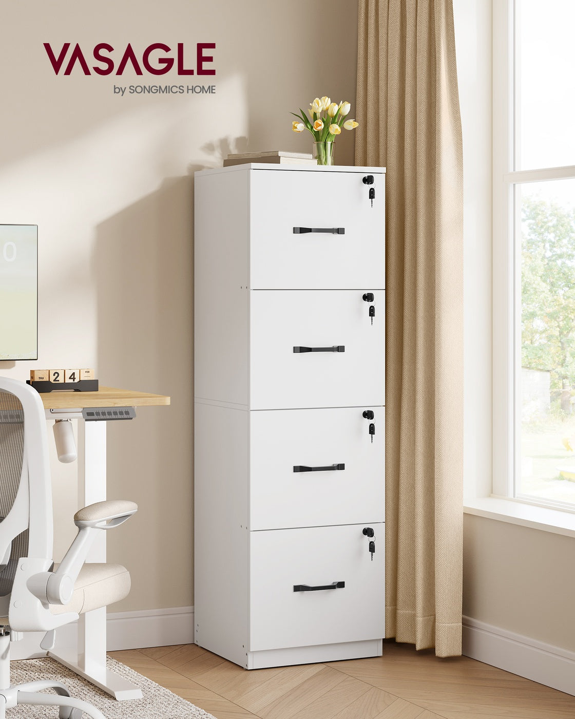 Filing Cabinet - Wood - Cloud White - Lockable with Adjustable Hanging Rail
