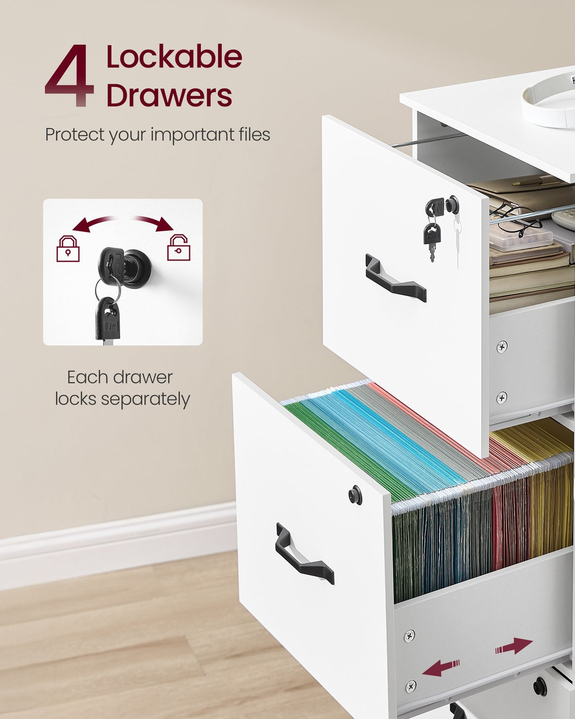 Filing Cabinet - Wood - Cloud White - Lockable with Adjustable Hanging Rail