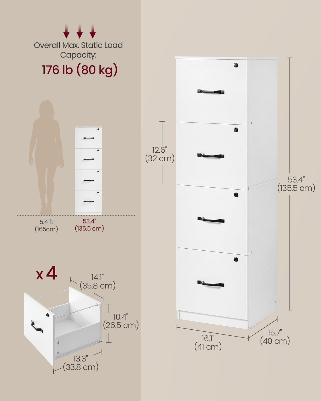 Filing Cabinet - Wood - Cloud White - Lockable with Adjustable Hanging Rail