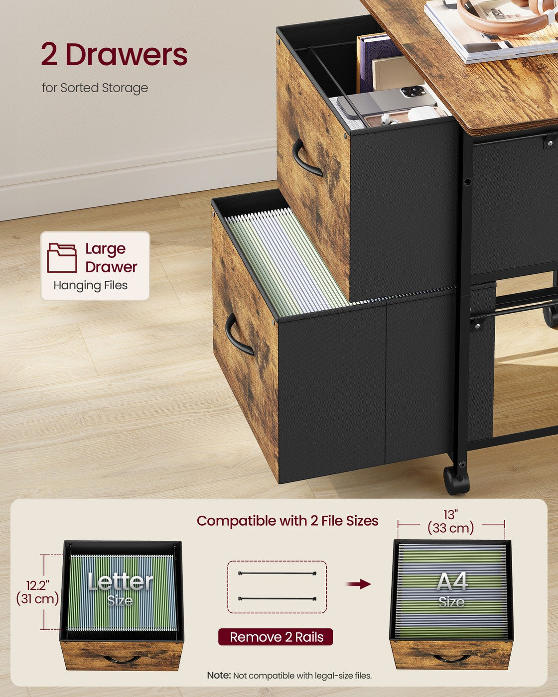 Filing Cabinet - Lockable with Drawers - Rustic Brown - 60 x 40 x 68 cm