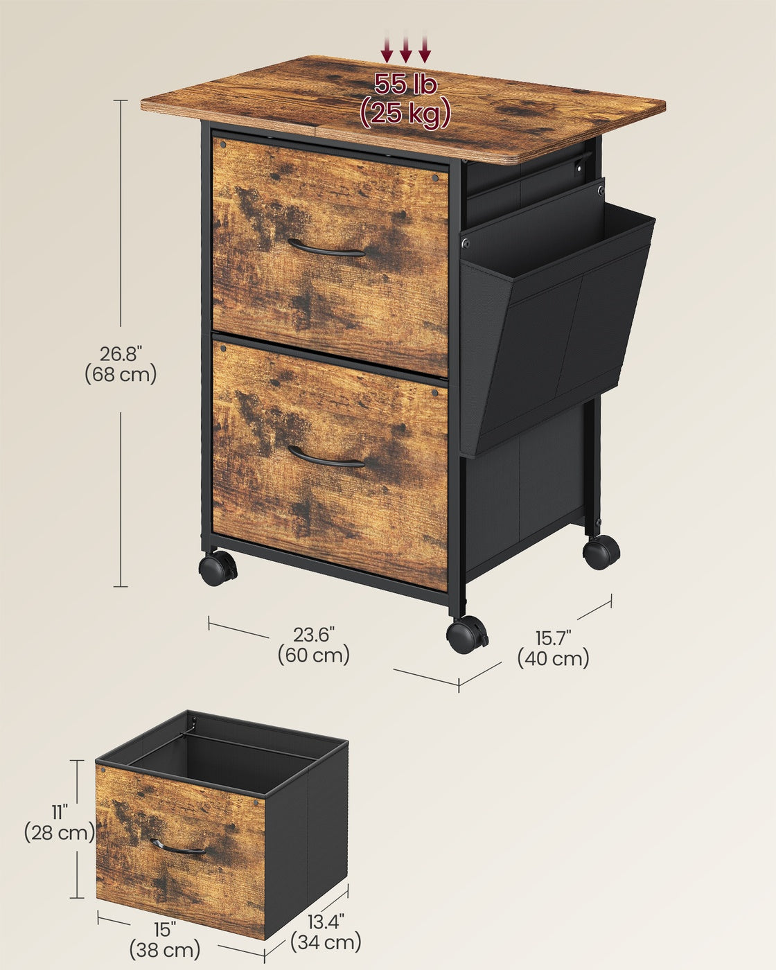 Filing Cabinet - Lockable with Drawers - Rustic Brown - 60 x 40 x 68 cm