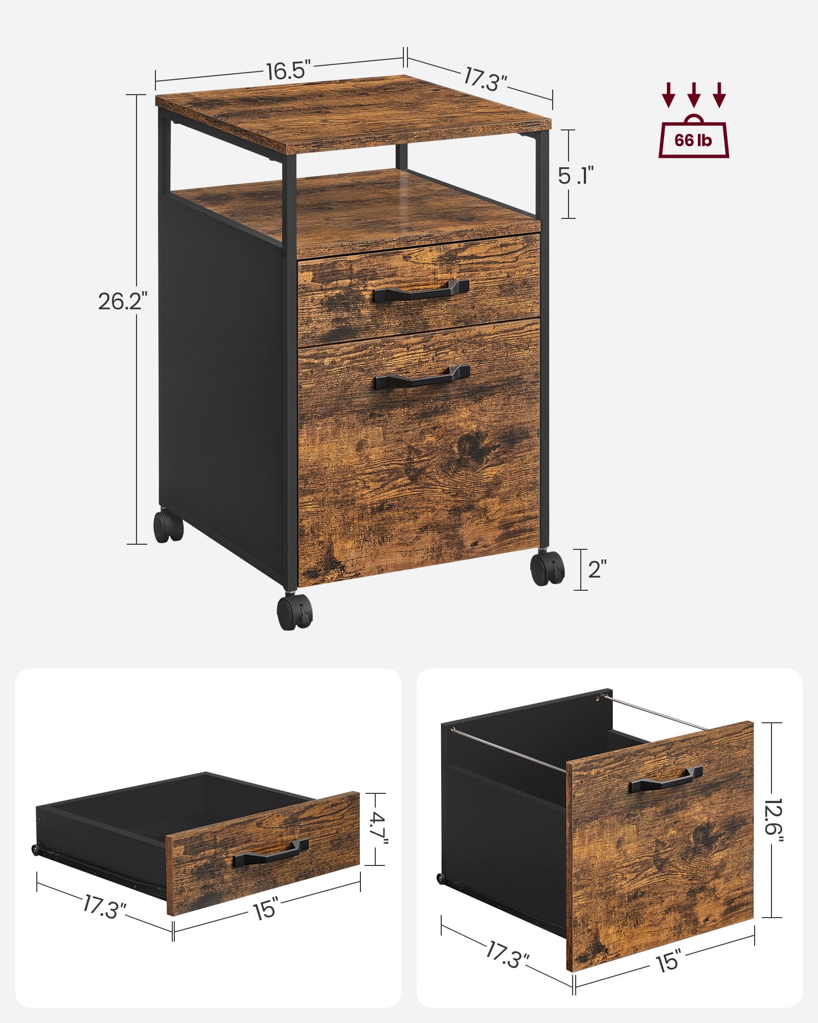 File Cabinet - Steel - Rustic Brown and Black - Rolling with Open Compartment and Stable Frame