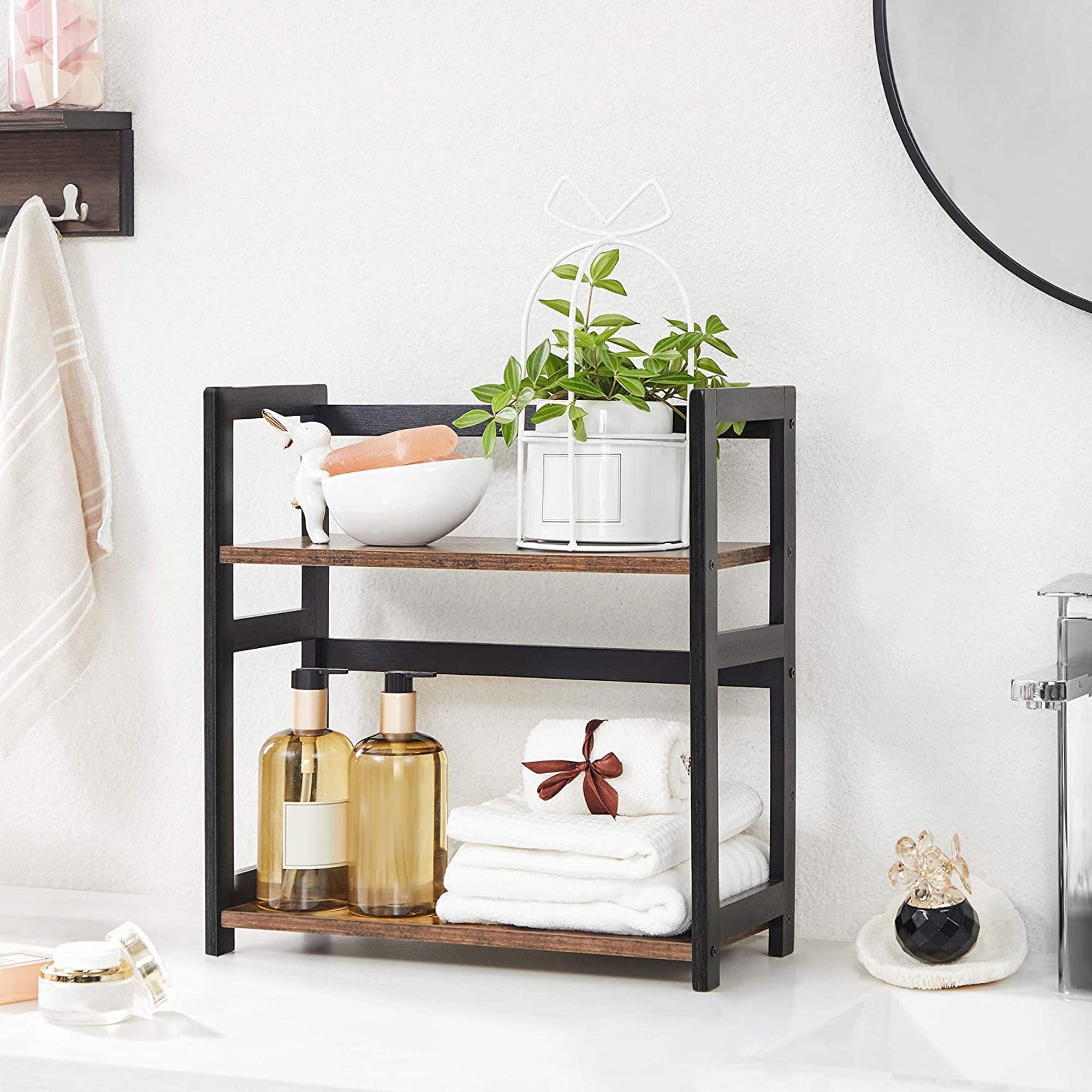 2-Tier Countertop Spice Rack - Bamboo - Rustic Brown and Black - Desktop Organizer for Kitchen and Dining Room