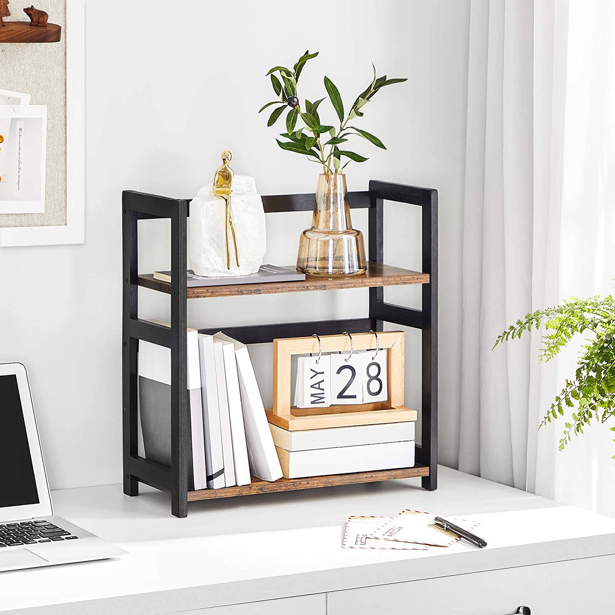2-Tier Countertop Spice Rack - Bamboo - Rustic Brown and Black - Desktop Organizer for Kitchen and Dining Room