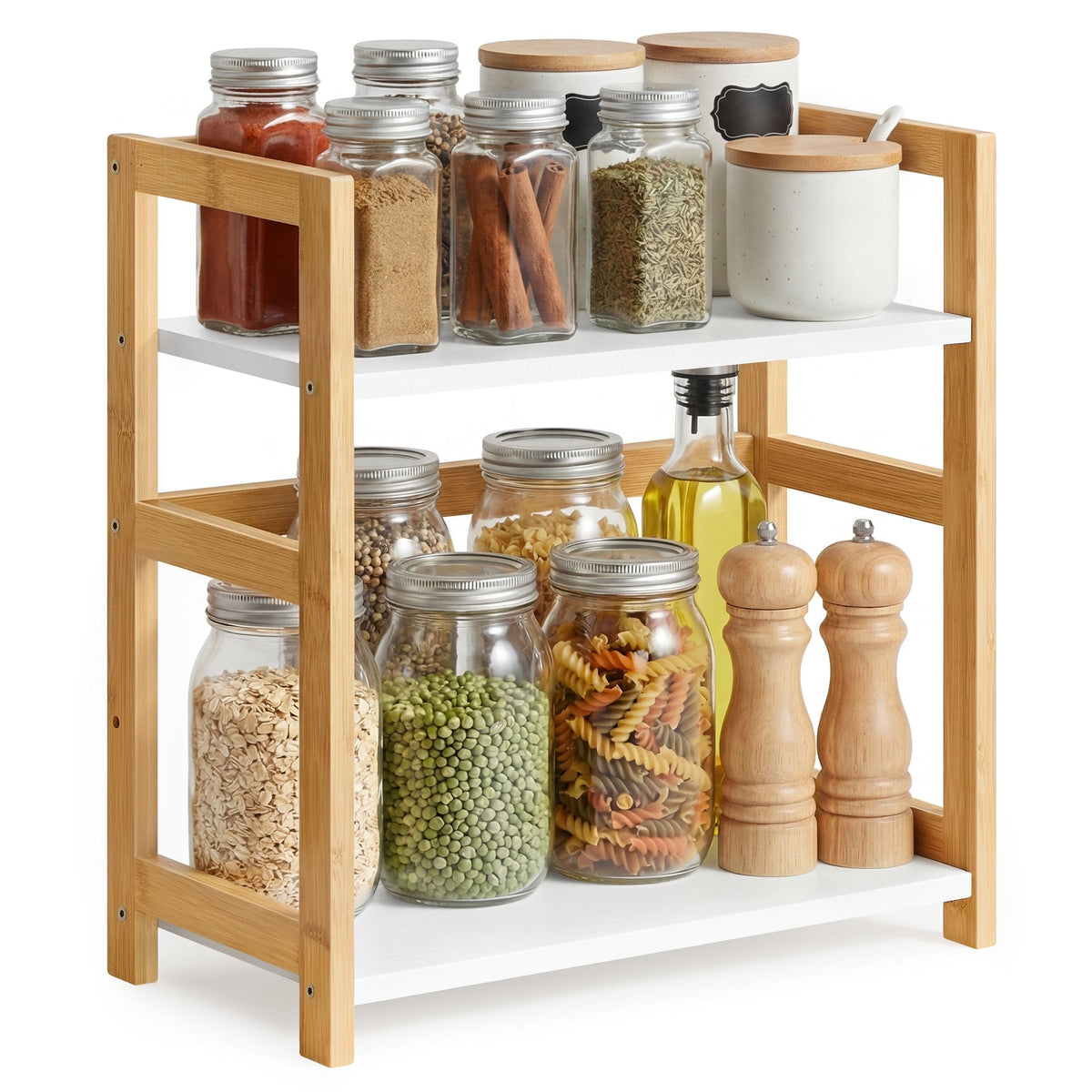 Kitchen Trolley - On Wheels with Shelves - Natural Beige, Snow White - 18.6 x 41 x 41 cm