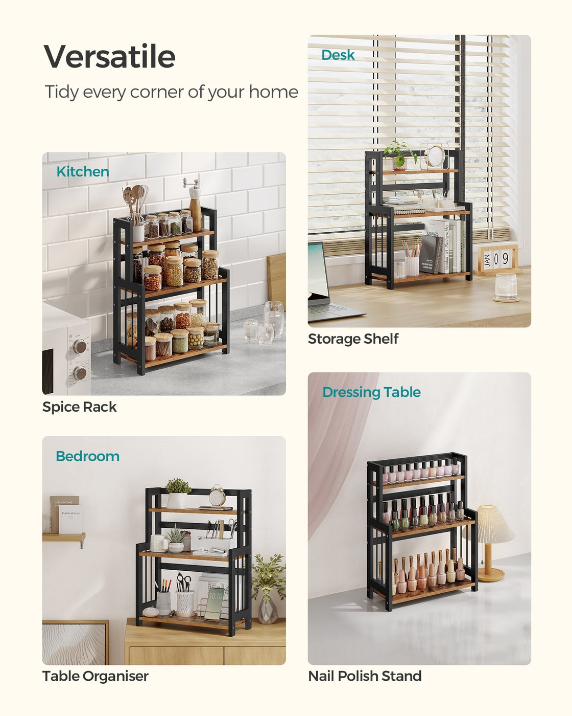 3 Tier Storage Rack - Bamboo - Natural - Multi-Purpose Countertop Organizer for Kitchen