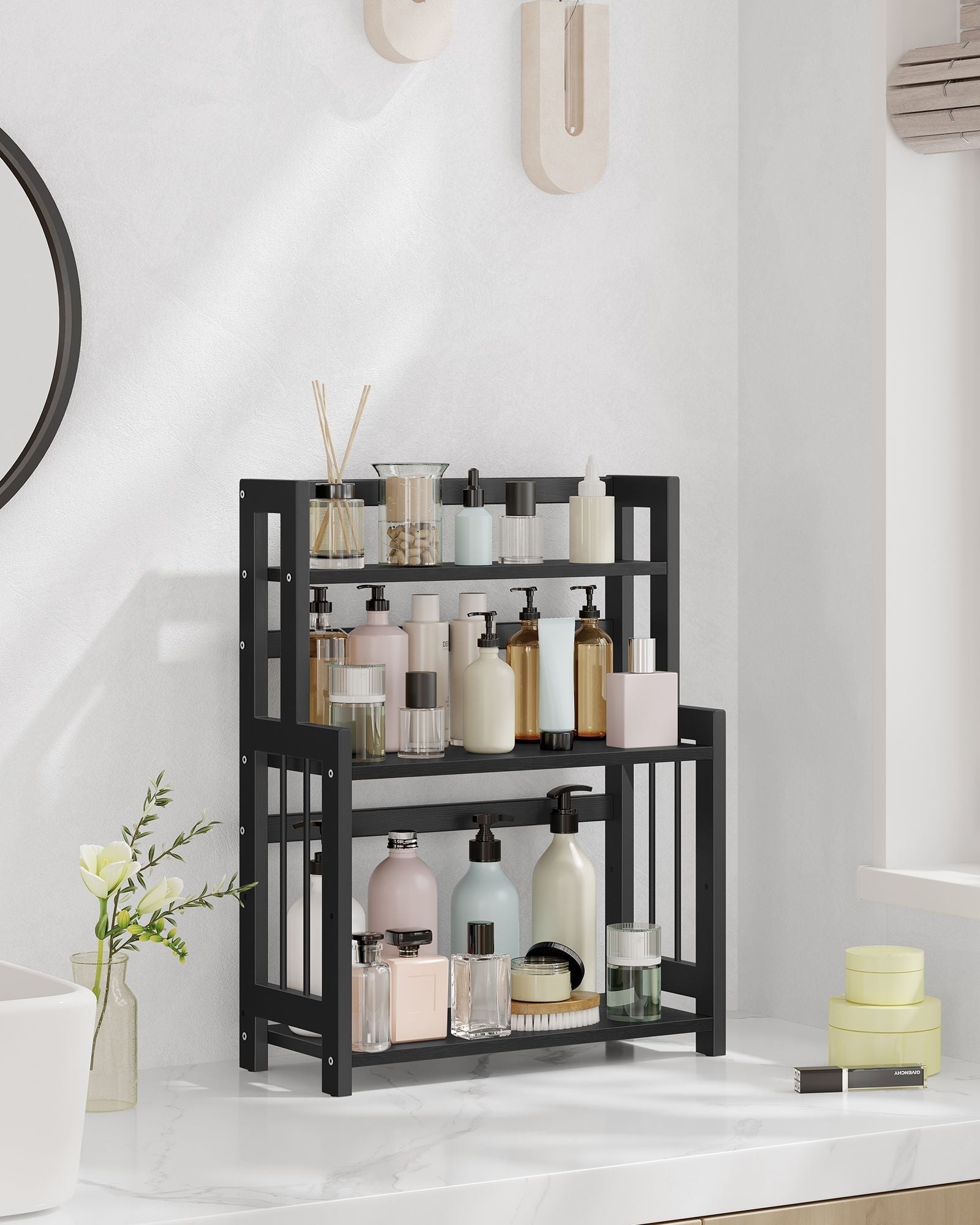 3-Tier Countertop Spice Rack - Bamboo - Ebony Black - Desktop Organizer for Kitchen and Office