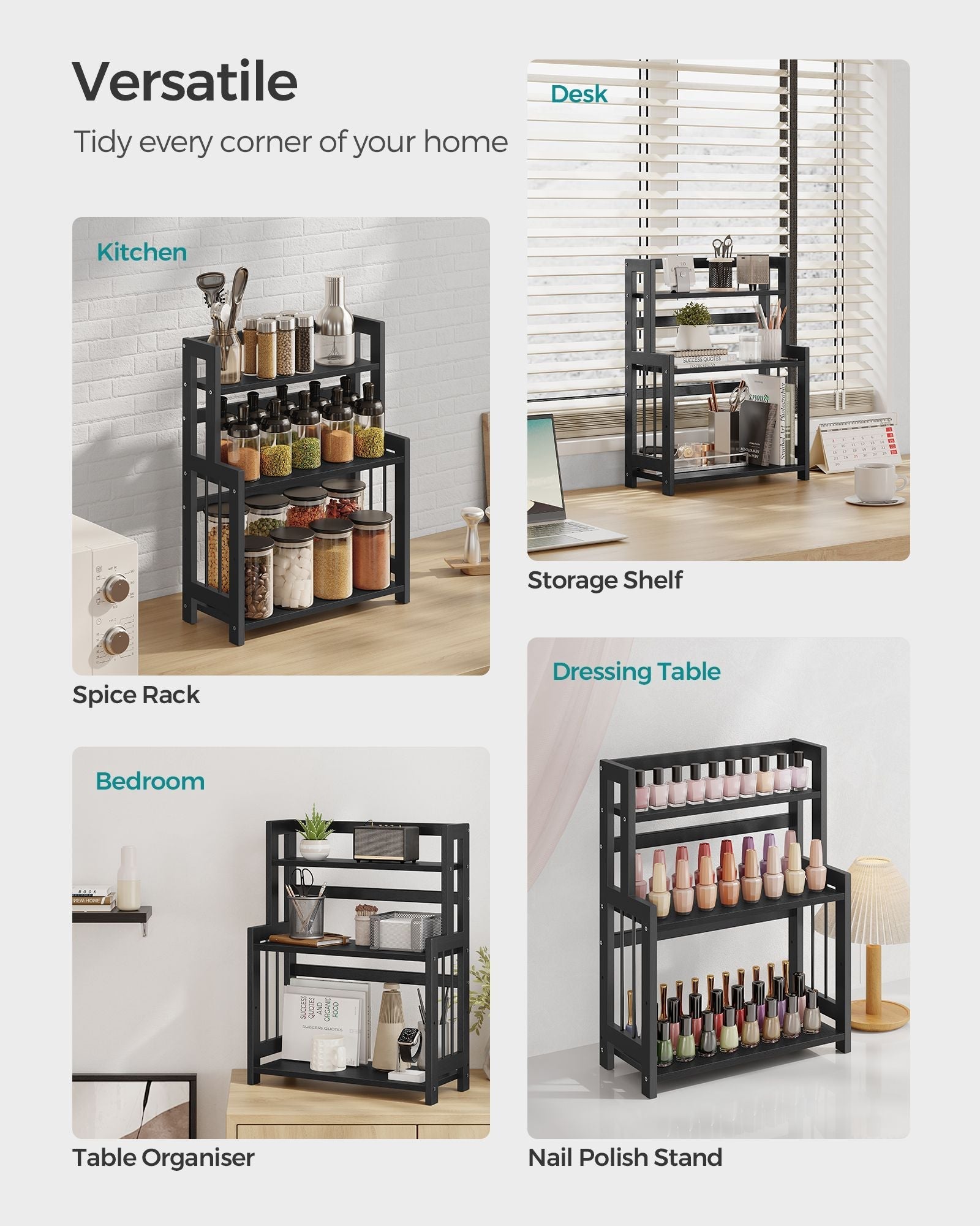 3-Tier Countertop Spice Rack - Bamboo - Ebony Black - Desktop Organizer for Kitchen and Office