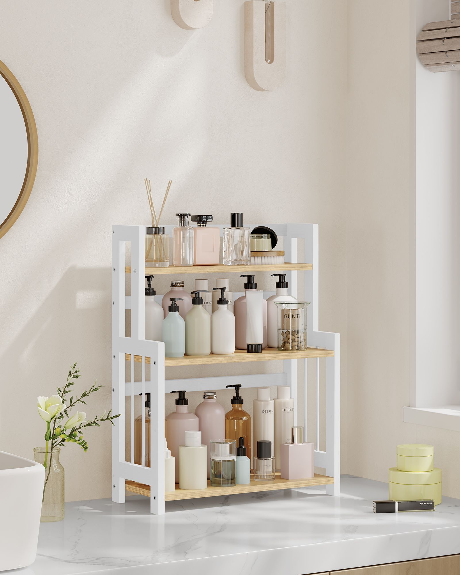 3-Tier Countertop Spice Rack - Bamboo - Natural Oak - Desktop Organiser for Kitchen and Office