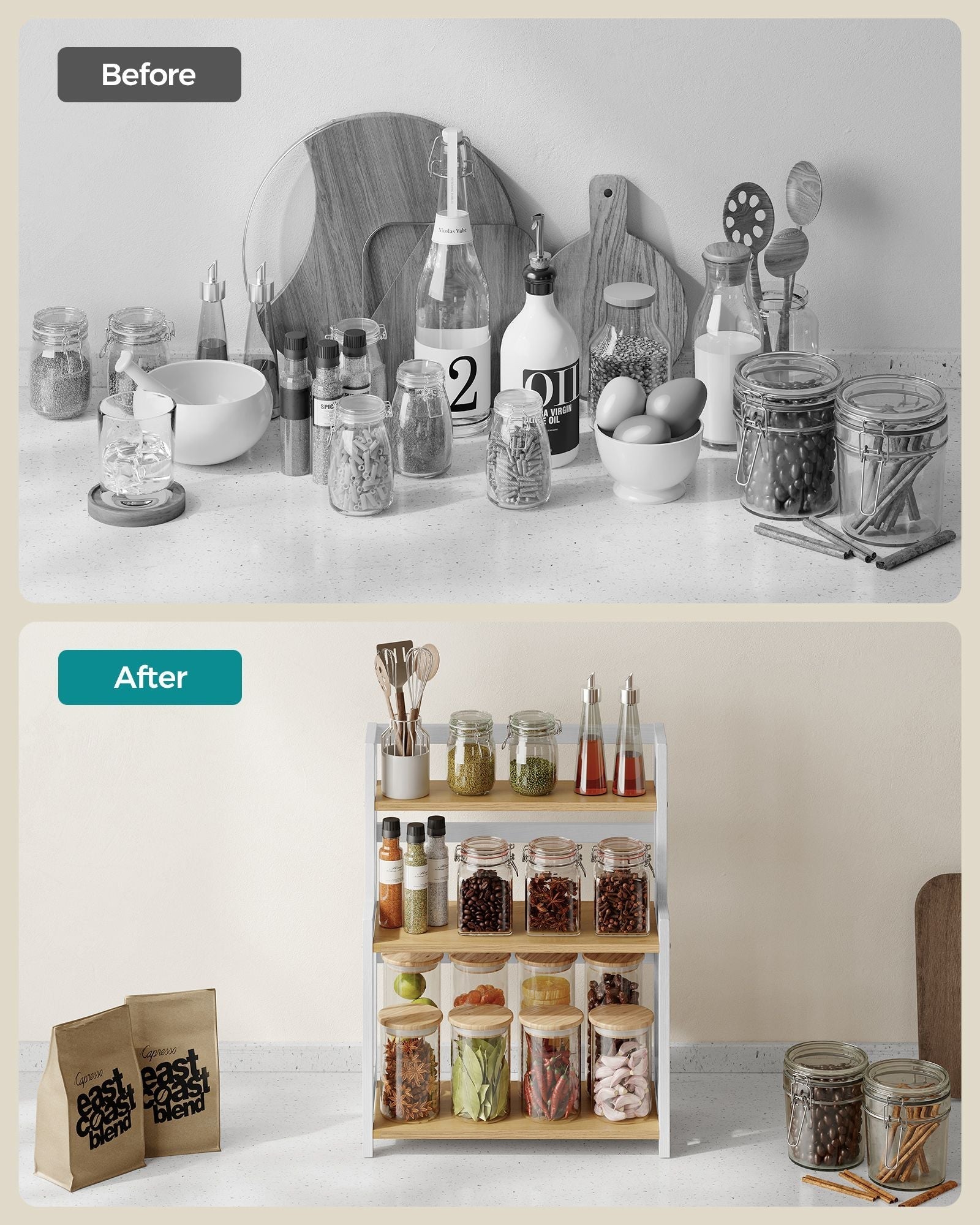 3-Tier Countertop Spice Rack - Bamboo - Natural Oak - Desktop Organiser for Kitchen and Office