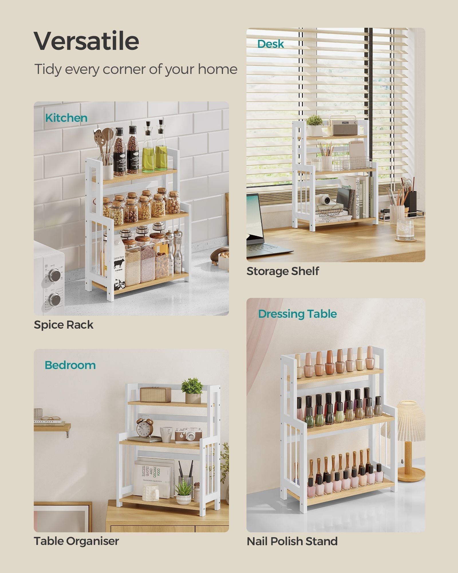 3-Tier Countertop Spice Rack - Bamboo - Natural Oak - Desktop Organiser for Kitchen and Office