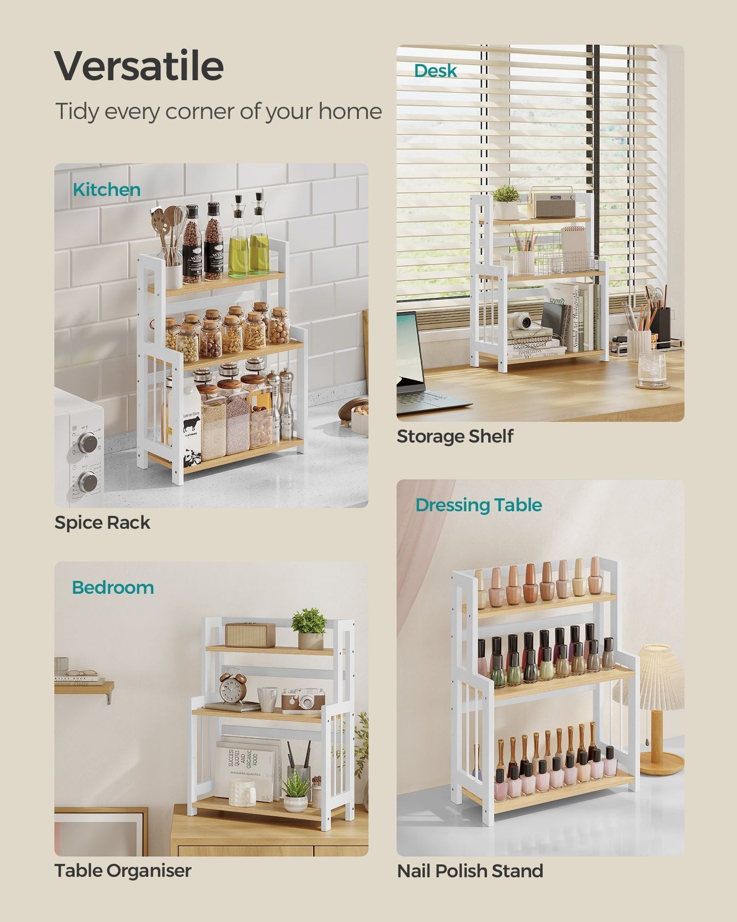 3-Tier Countertop Spice Rack - Bamboo - Natural Oak - Desktop Organiser for Kitchen and Office