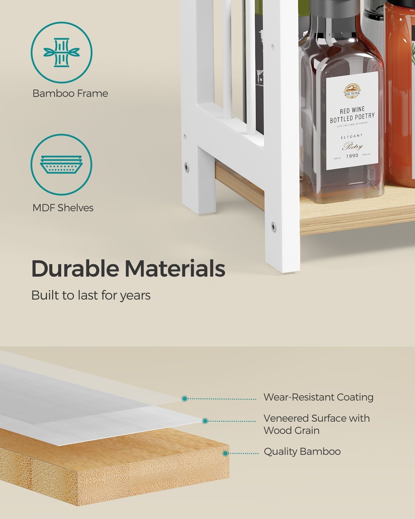 3-Tier Countertop Spice Rack - Bamboo - Natural Oak - Desktop Organiser for Kitchen and Office