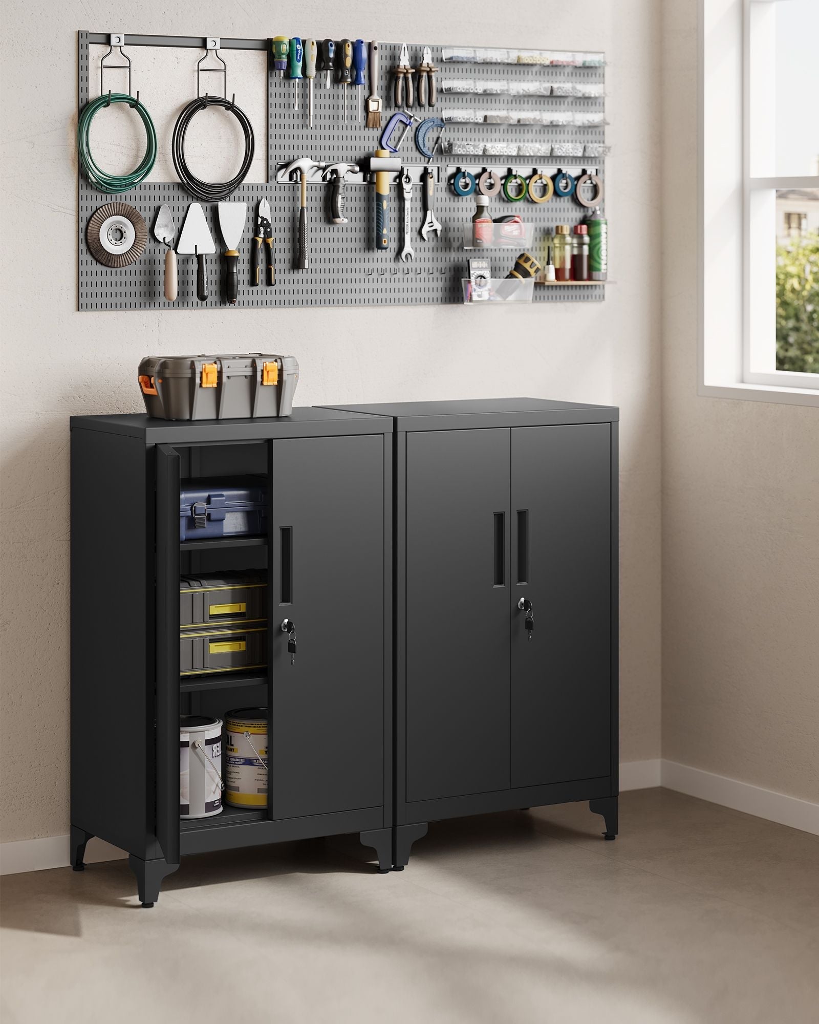Multipurpose Steel File Cabinet - Steel - Ink Black - Lockable with Shelves