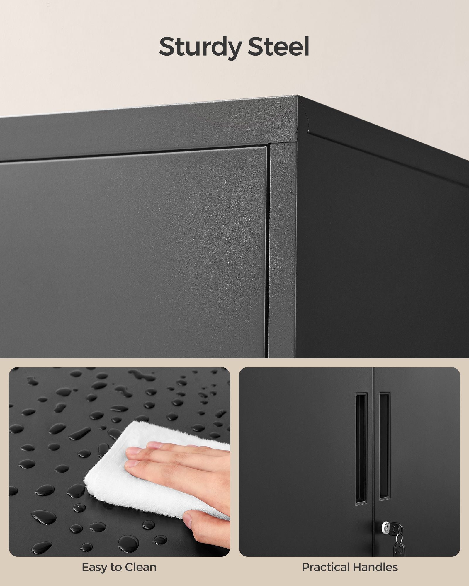 Multipurpose Steel File Cabinet - Steel - Ink Black - Lockable with Shelves