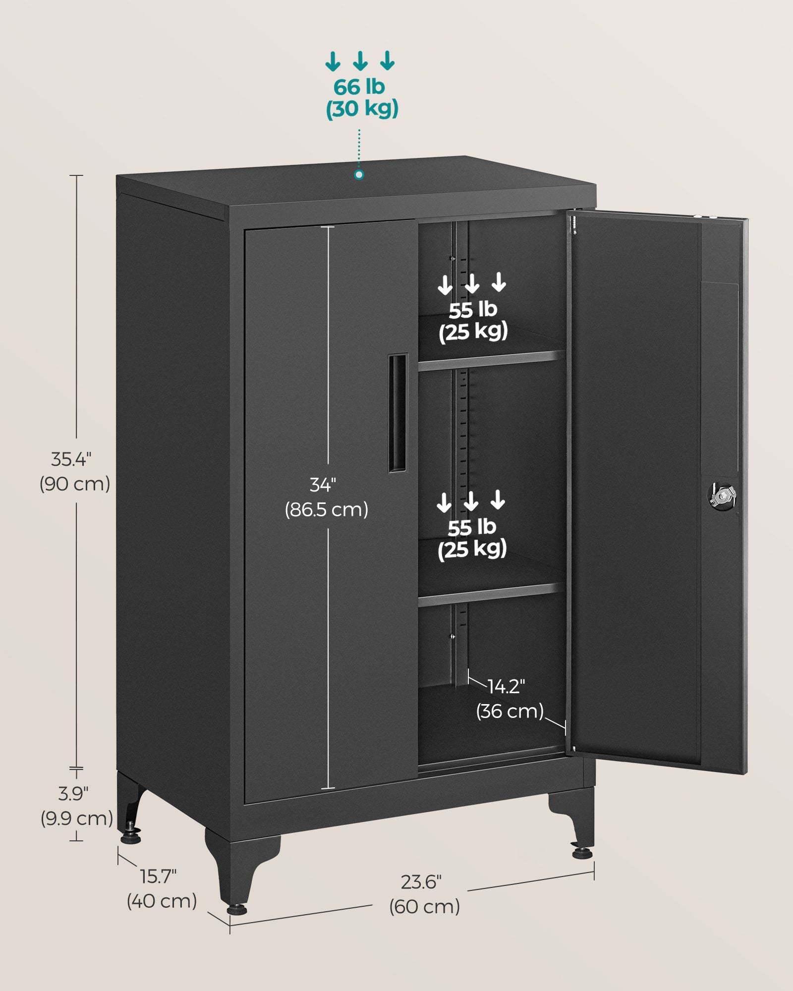 Multipurpose Steel File Cabinet - Steel - Ink Black - Lockable with Shelves