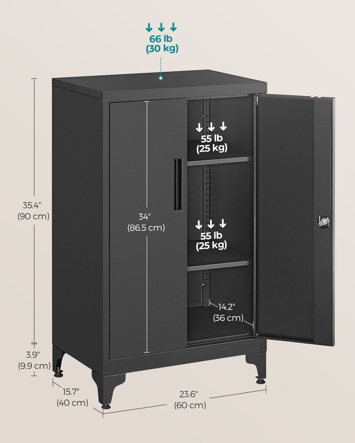 Multipurpose Steel File Cabinet - Steel - Ink Black - Lockable with Shelves