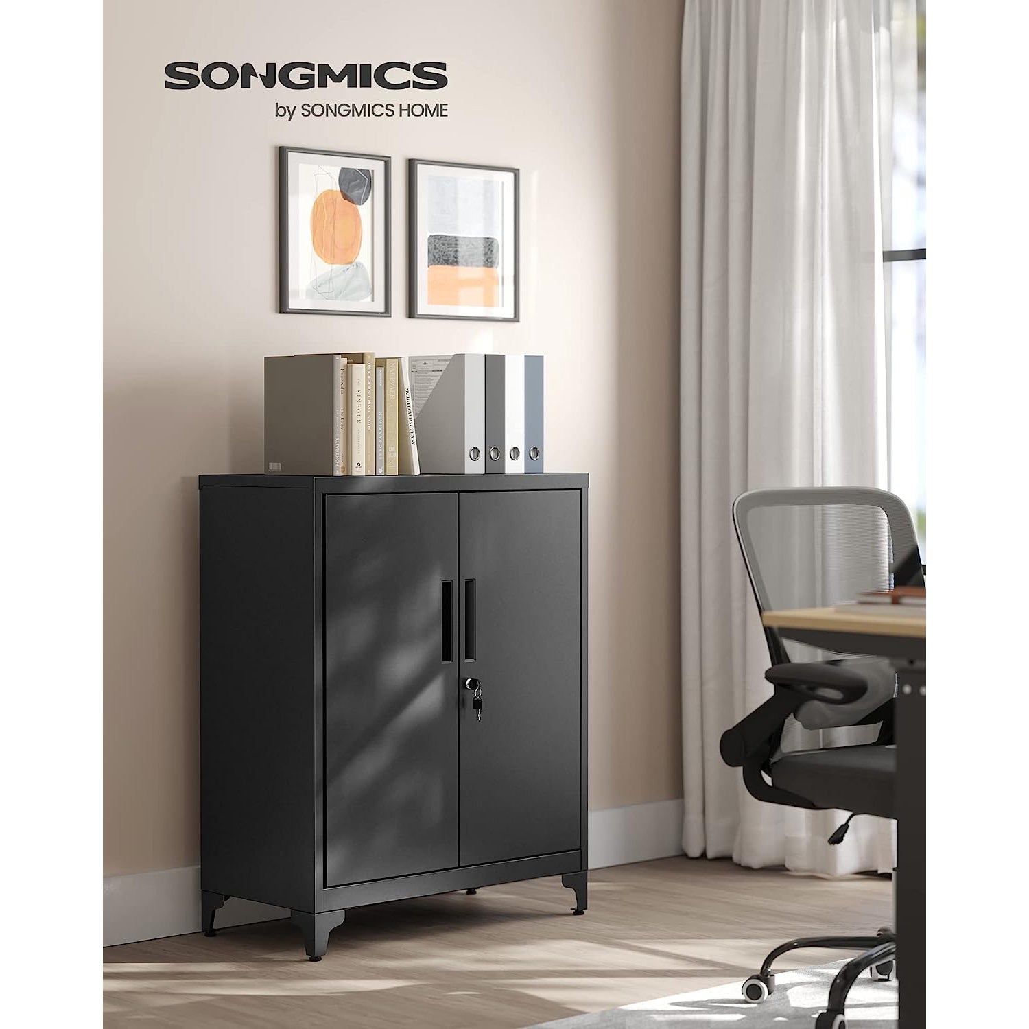 Multipurpose Cabinet - Steel - Black - Lockable with Shelves