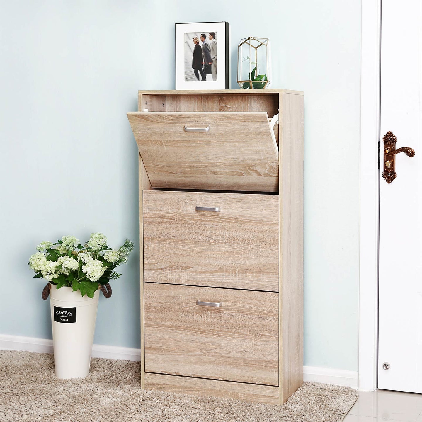 Shoe Cabinet - Wood - Oak - 3-Tier Design with Flip Doors
