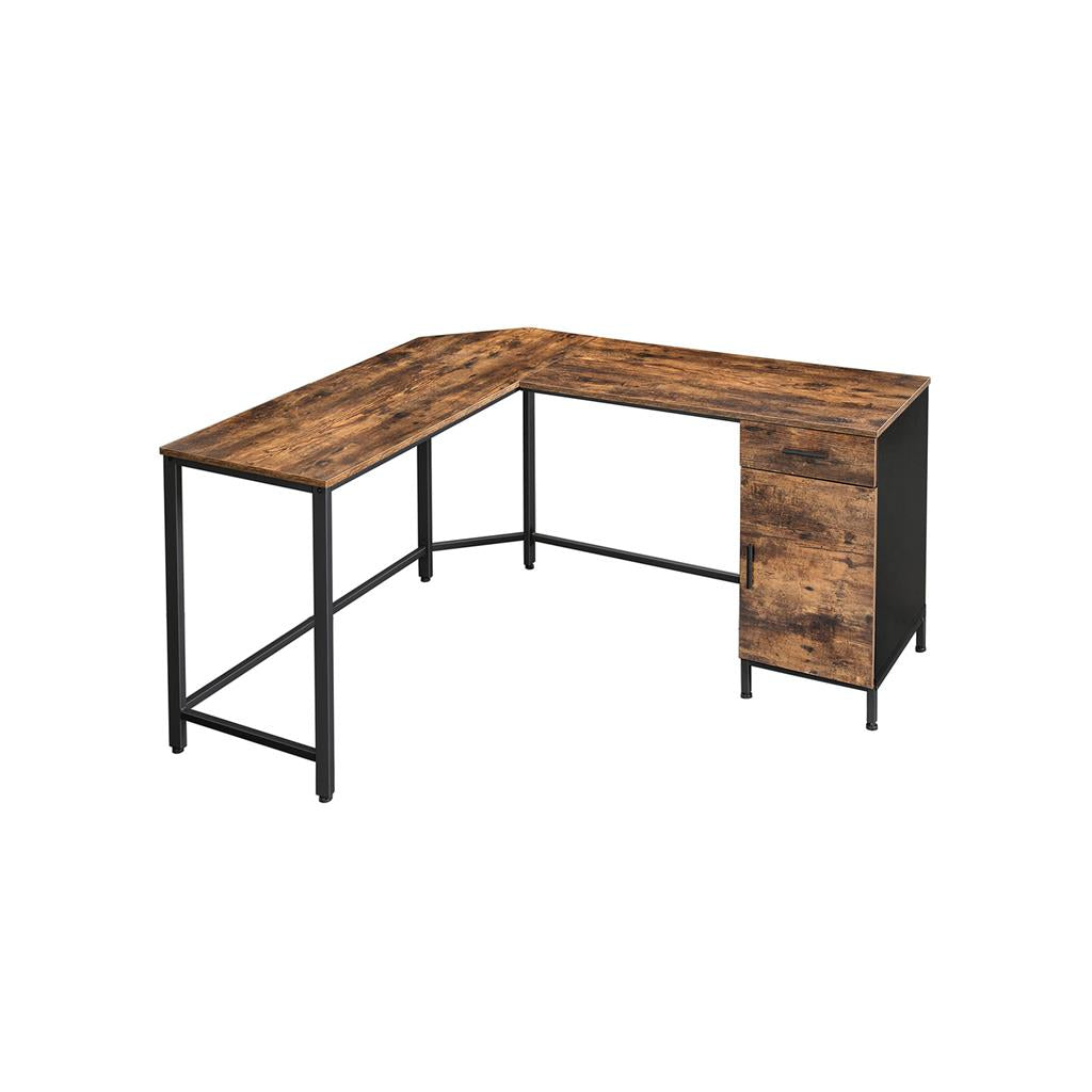 L-Shaped Office Desk - Steel - Rustic Brown and Black - Space-Saving with Cupboard and Drawer