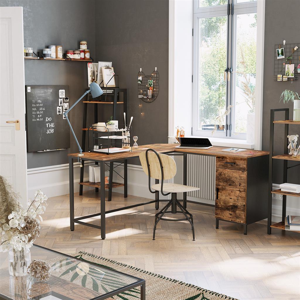 L-Shaped Office Desk - Steel - Rustic Brown and Black - Space-Saving with Cupboard and Drawer
