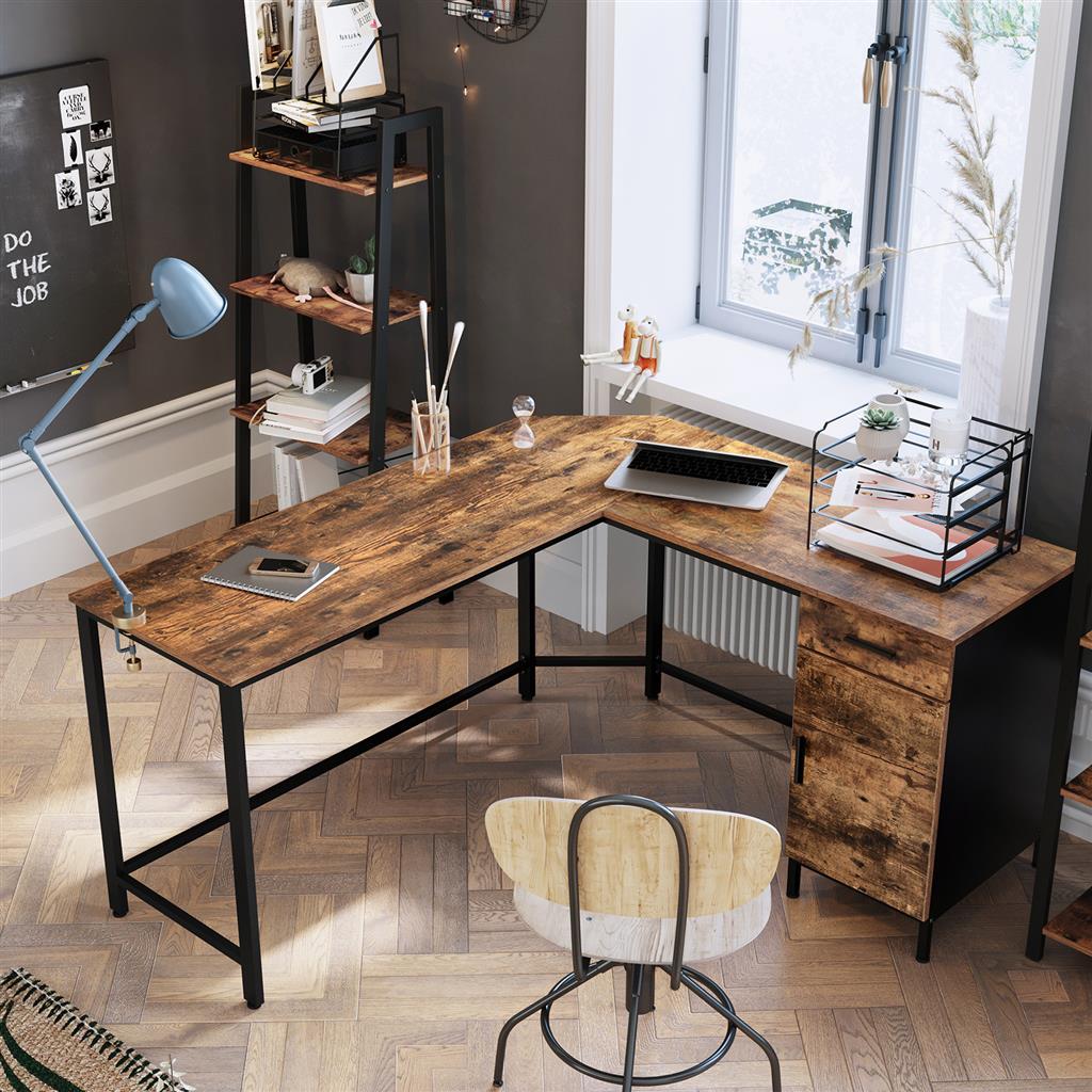 L-Shaped Office Desk - Steel - Rustic Brown and Black - Space-Saving with Cupboard and Drawer