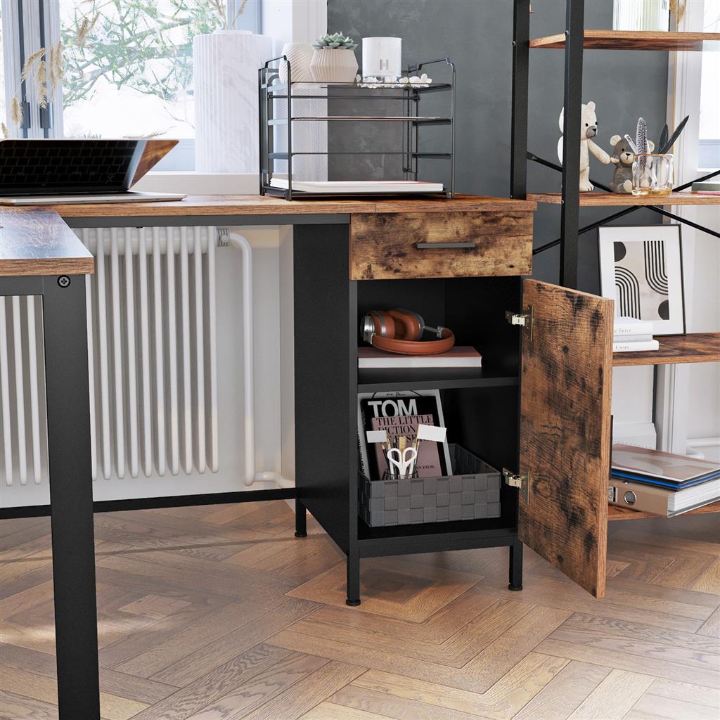 L-Shaped Office Desk - Steel - Rustic Brown and Black - Space-Saving with Cupboard and Drawer