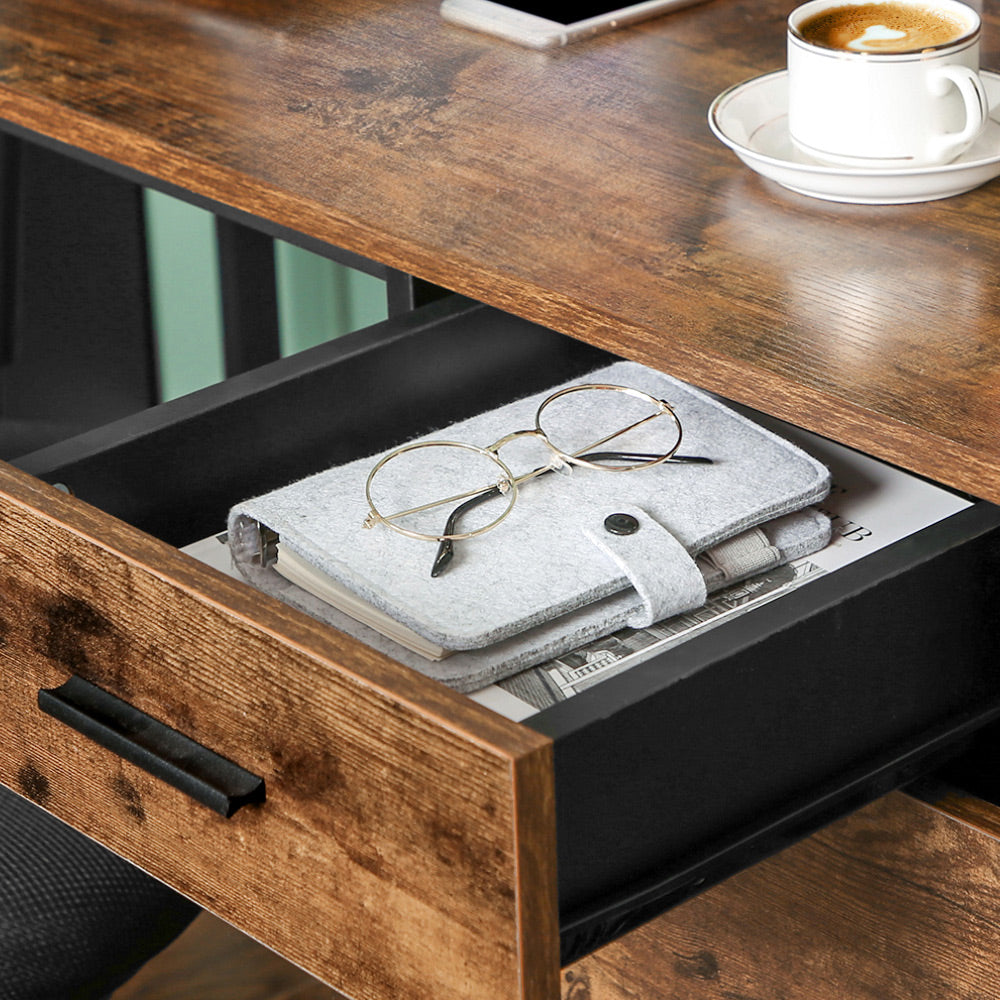 L-Shaped Office Desk - Steel - Rustic Brown and Black - Space-Saving with Cupboard and Drawer