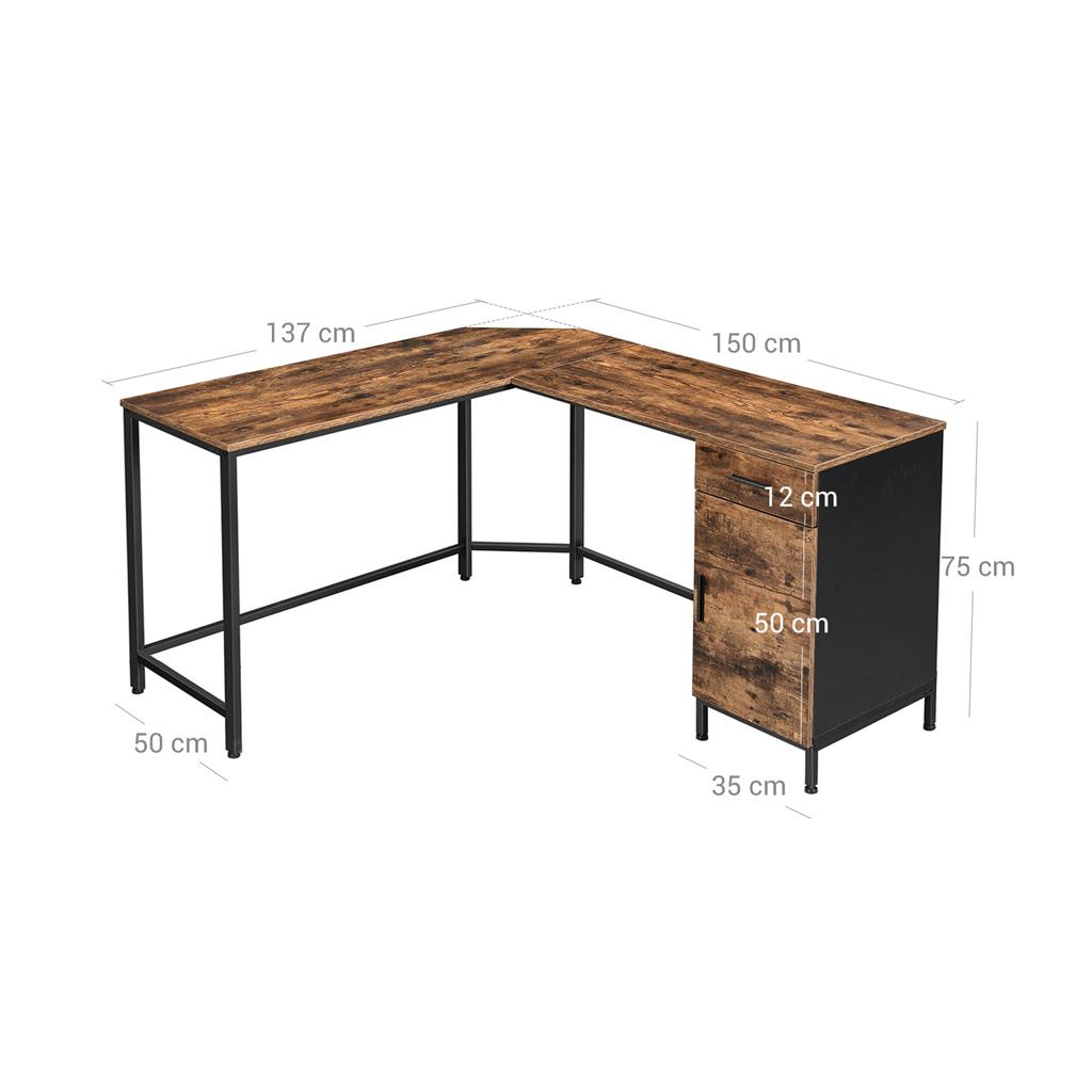 L-Shaped Office Desk - Steel - Rustic Brown and Black - Space-Saving with Cupboard and Drawer