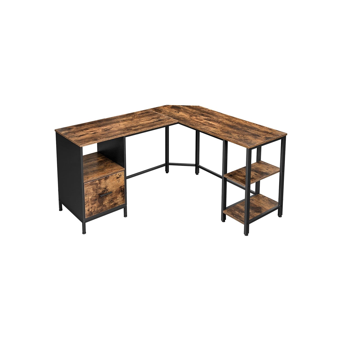 L-Shaped Office Desk - Wood - Rustic Brown and Black - Space-Saving with Cupboard and Hanging File Cabinet