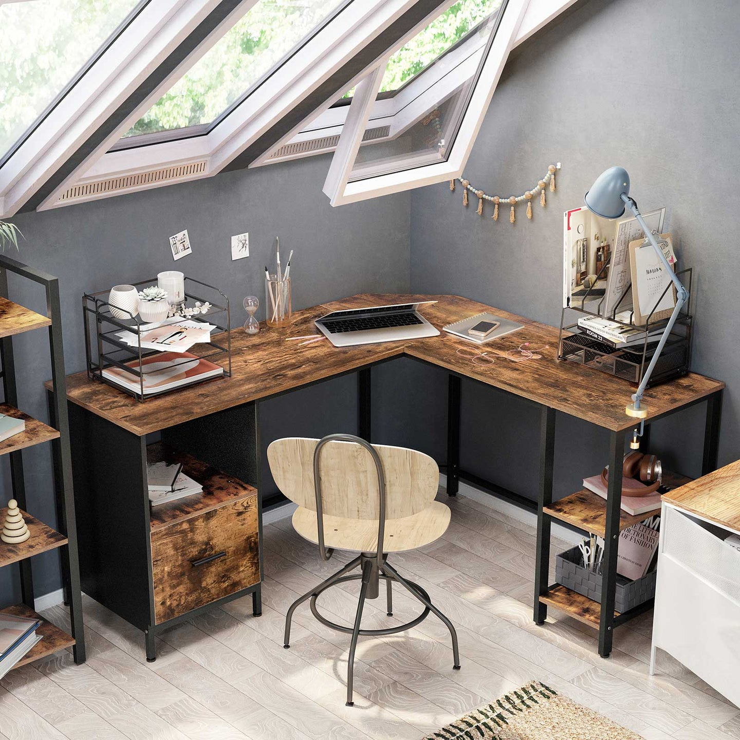 L-Shaped Office Desk - Wood - Rustic Brown and Black - Space-Saving with Cupboard and Hanging File Cabinet