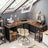 L-Shaped Office Desk - Wood - Rustic Brown and Black - Space-Saving with Cupboard and Hanging File Cabinet