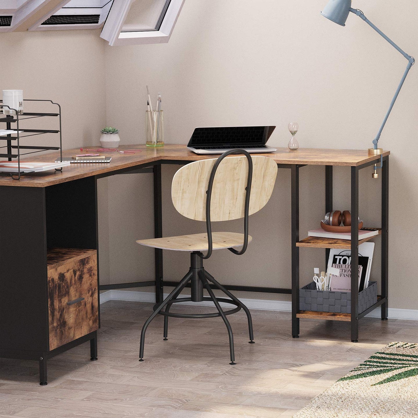 L-Shaped Office Desk - Wood - Rustic Brown and Black - Space-Saving with Cupboard and Hanging File Cabinet