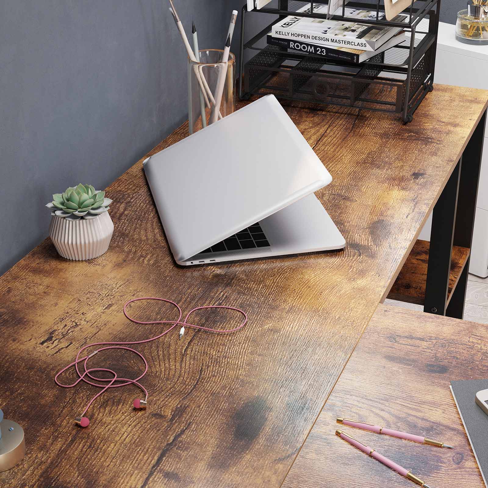 L-Shaped Office Desk - Wood - Rustic Brown and Black - Space-Saving with Cupboard and Hanging File Cabinet