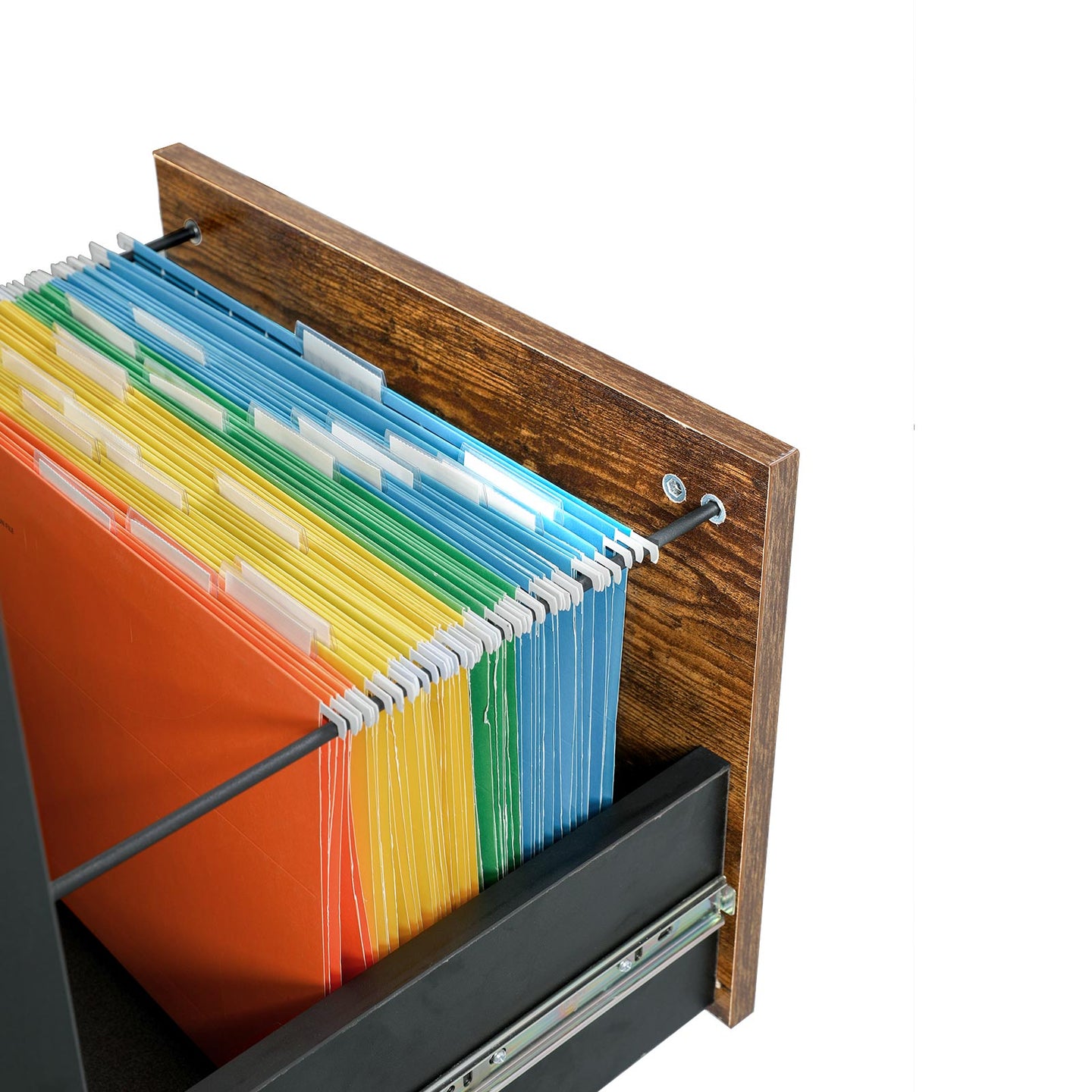 L-Shaped Office Desk - Wood - Rustic Brown and Black - Space-Saving with Cupboard and Hanging File Cabinet