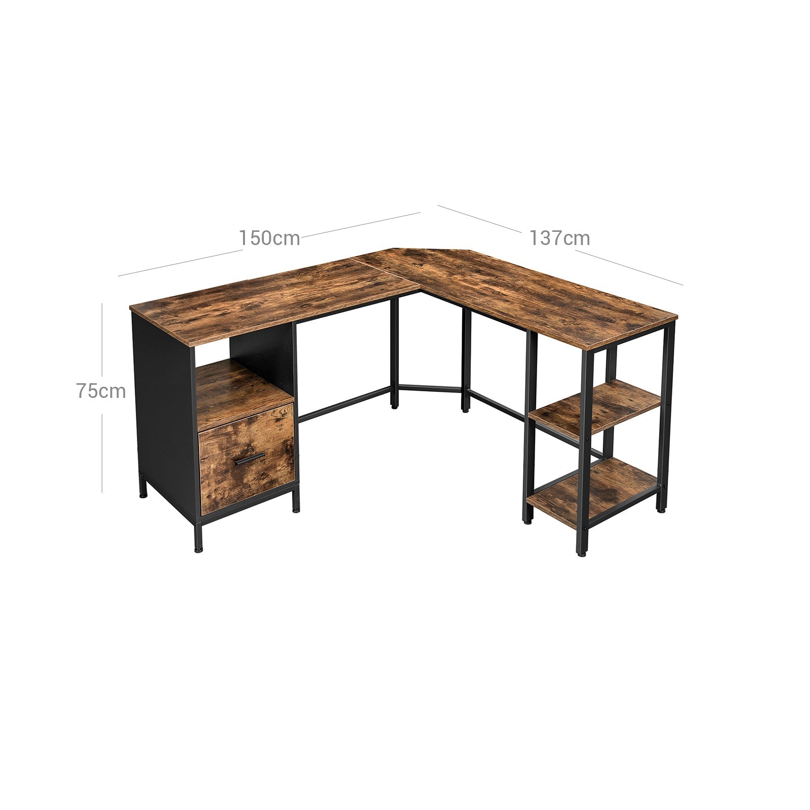 L-Shaped Office Desk - Wood - Rustic Brown and Black - Space-Saving with Cupboard and Hanging File Cabinet