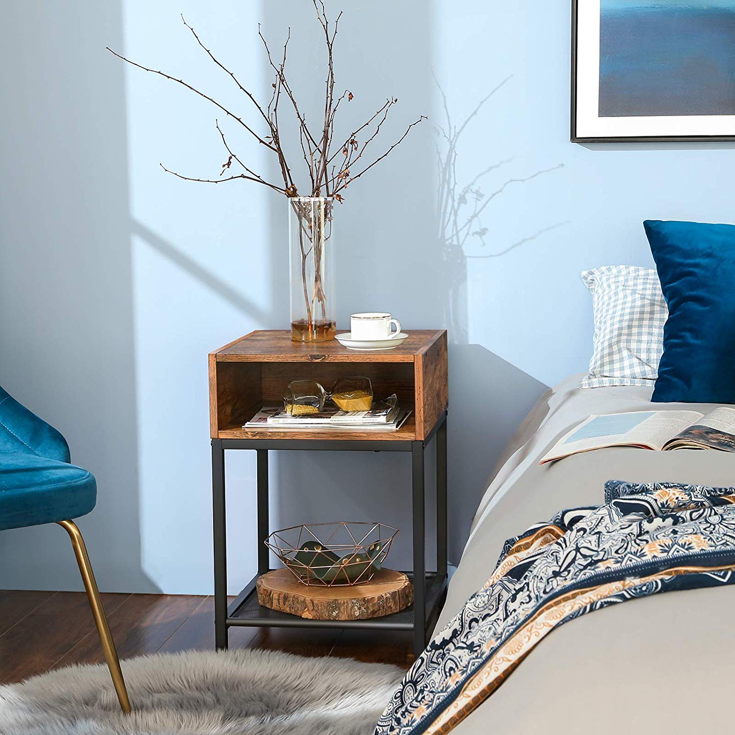 Open Compartment Nightstand - Wood - Rustic Brown