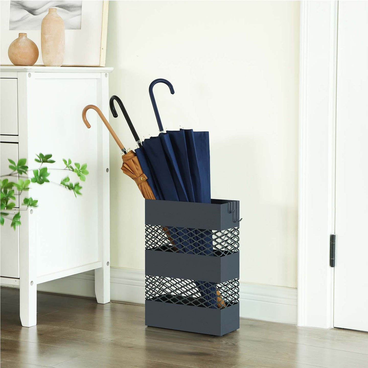 Umbrella Stand - Metal - Anthracite Grey - Rectangular with Water Tray and 4 Hooks