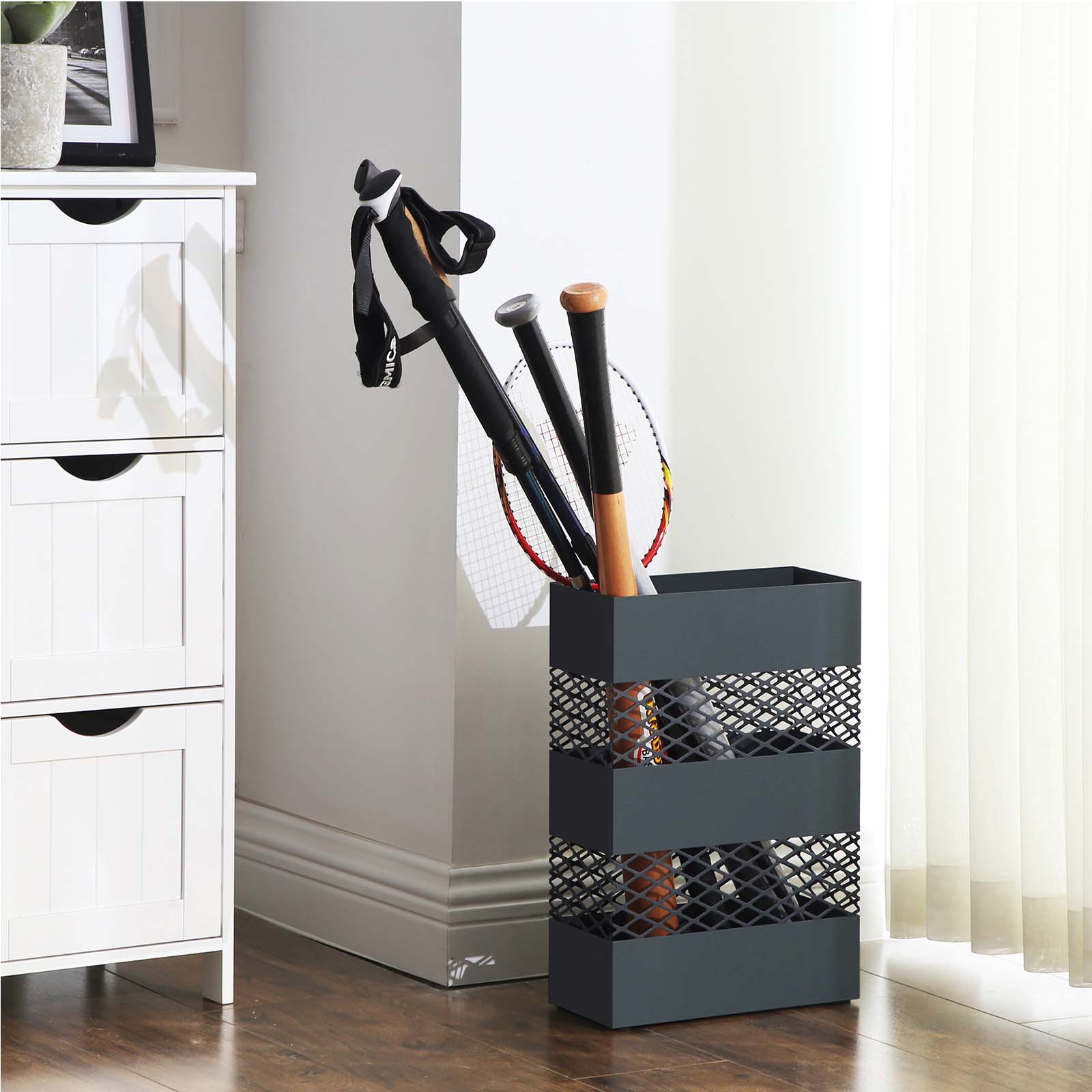 Umbrella Stand - Metal - Anthracite Grey - Rectangular with Water Tray and 4 Hooks