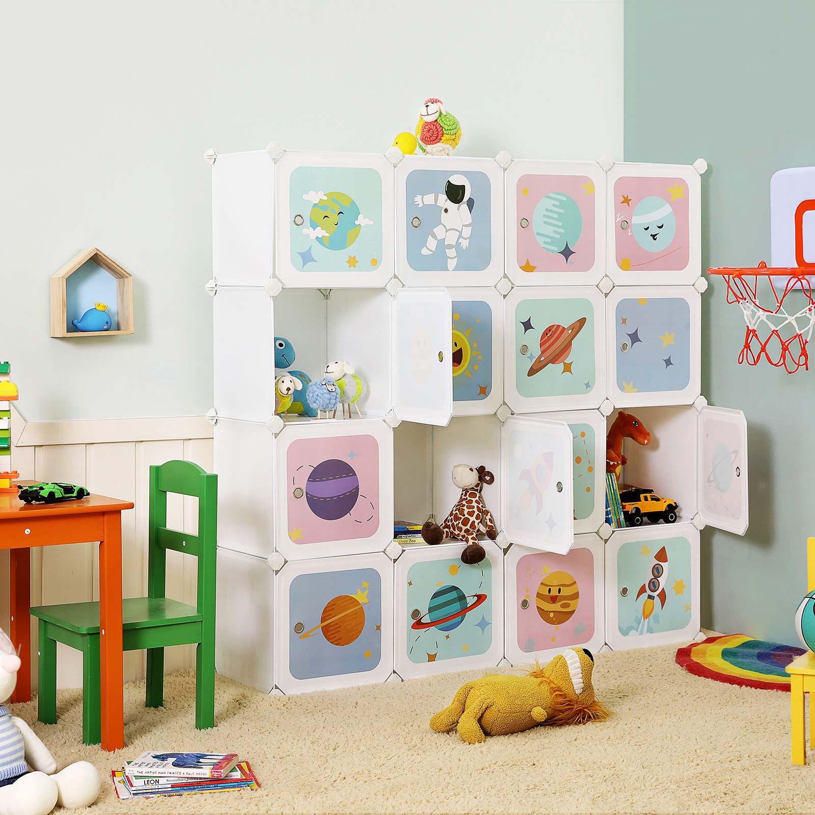 Kids' Organiser Cabinet - Plastic - White - 16-Cube Modular Storage Unit with Doors