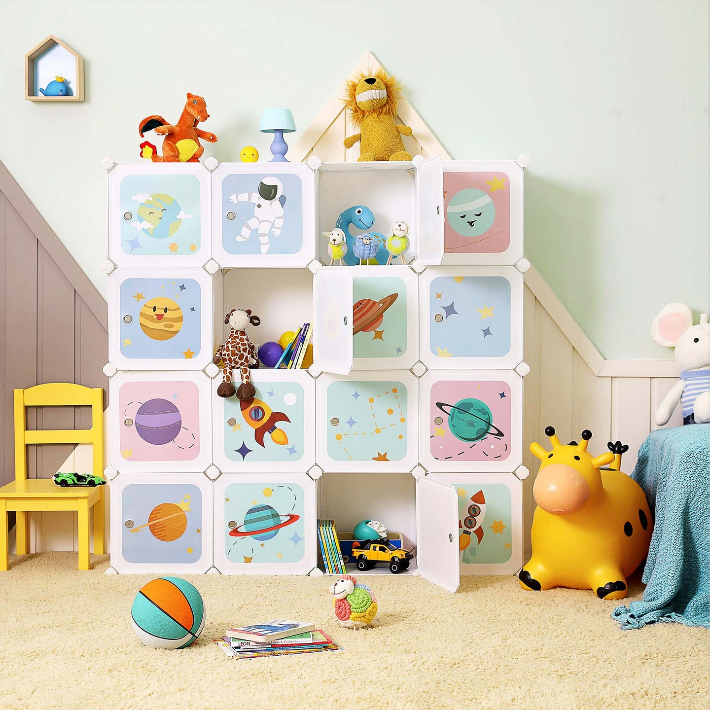 Kids' Organiser Cabinet - Plastic - White - 16-Cube Modular Storage Unit with Doors