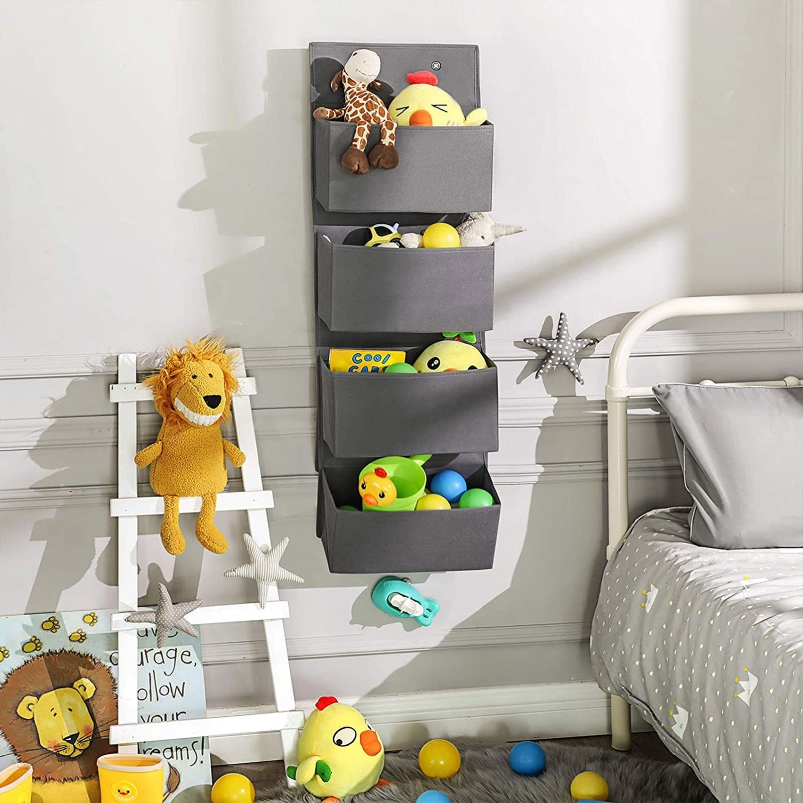 Over-Door Storage Organiser - Fabric - Grey - 4 Pocket Design for Practical and Spacious Wall Hanging Storage