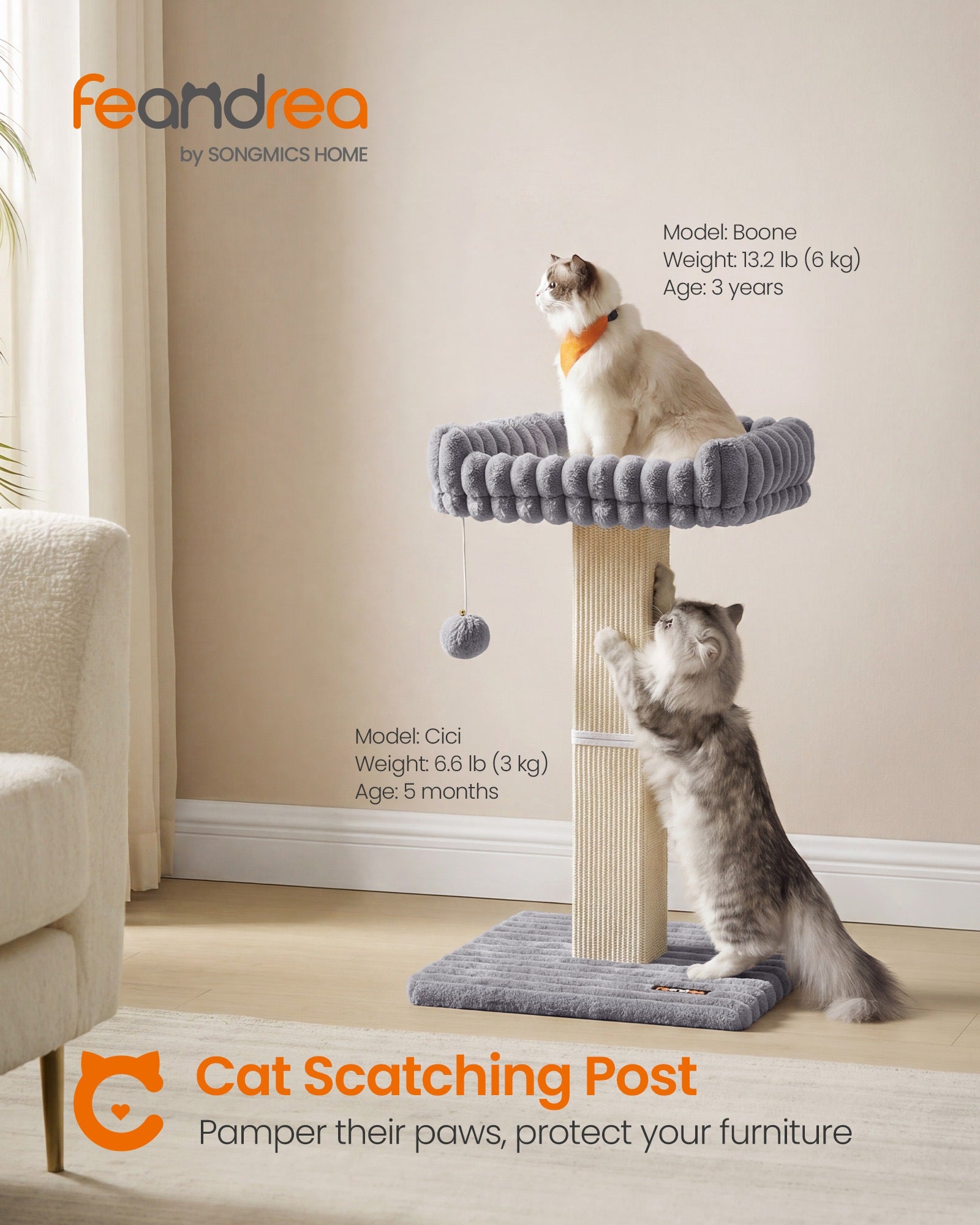 Cat Tree - With Sisal Posts and Perches - Dove Grey - 45 x 40 x 71 cm