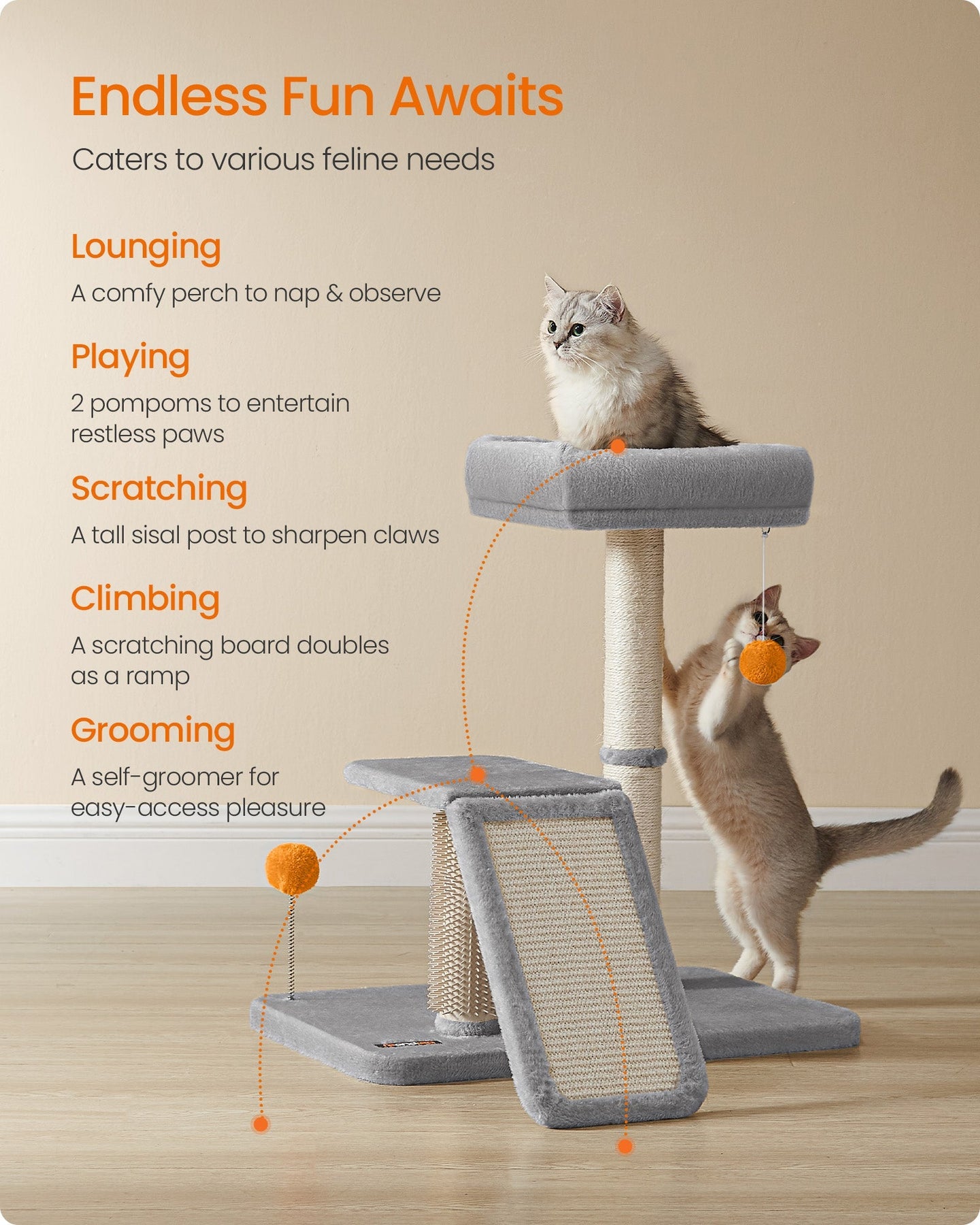 Multifunctional Cat Scratching Post - Wood - Light Grey - With Bed and Rotatable Scratching Ramp