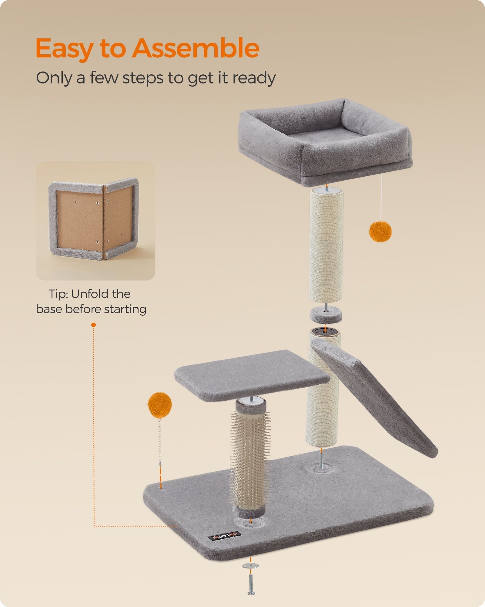 Multifunctional Cat Scratching Post - Wood - Light Grey - With Bed and Rotatable Scratching Ramp