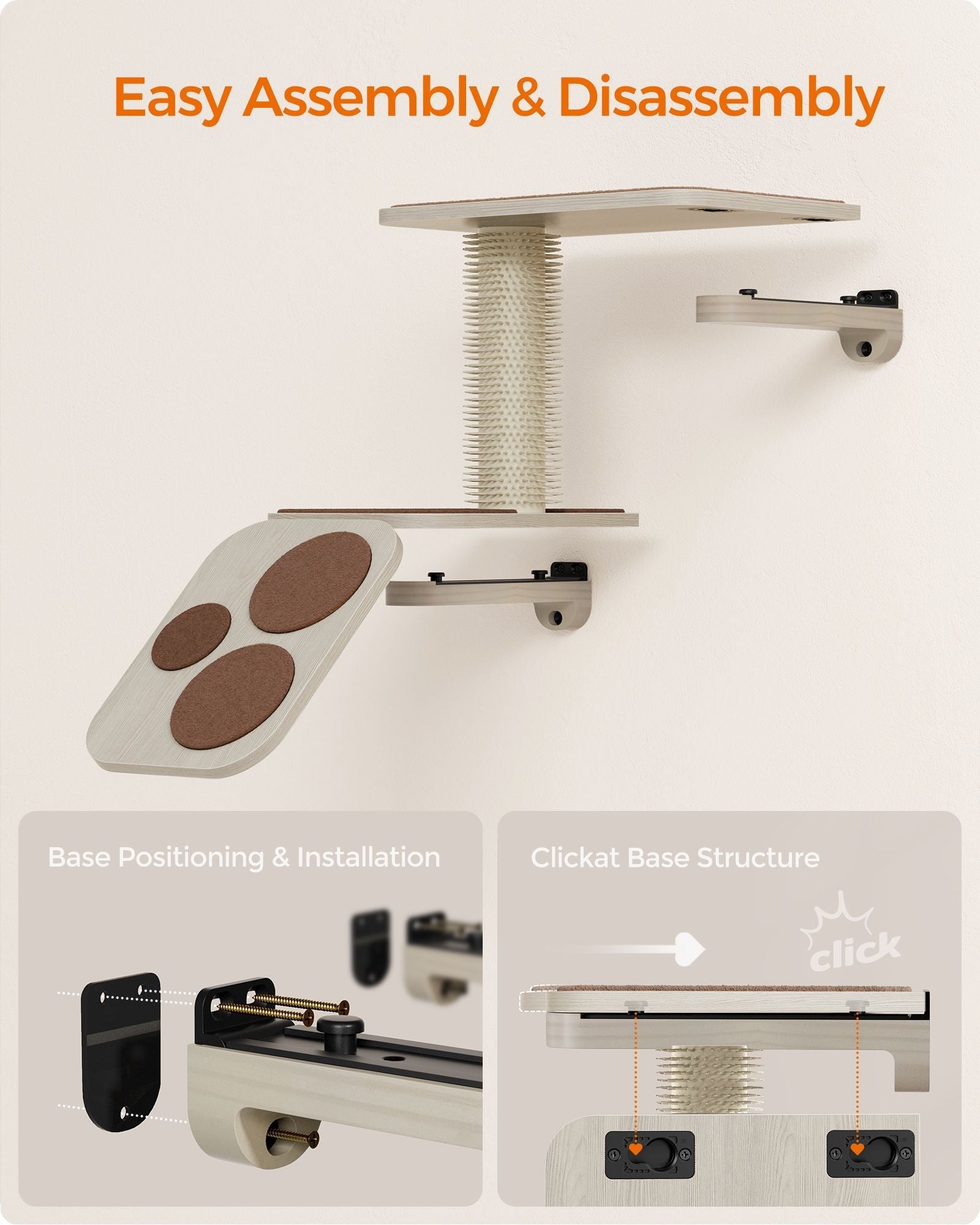 Wall-Mounted Cat Stairs - Wood - Natural Finish - Includes Shelf and Self-Groomer