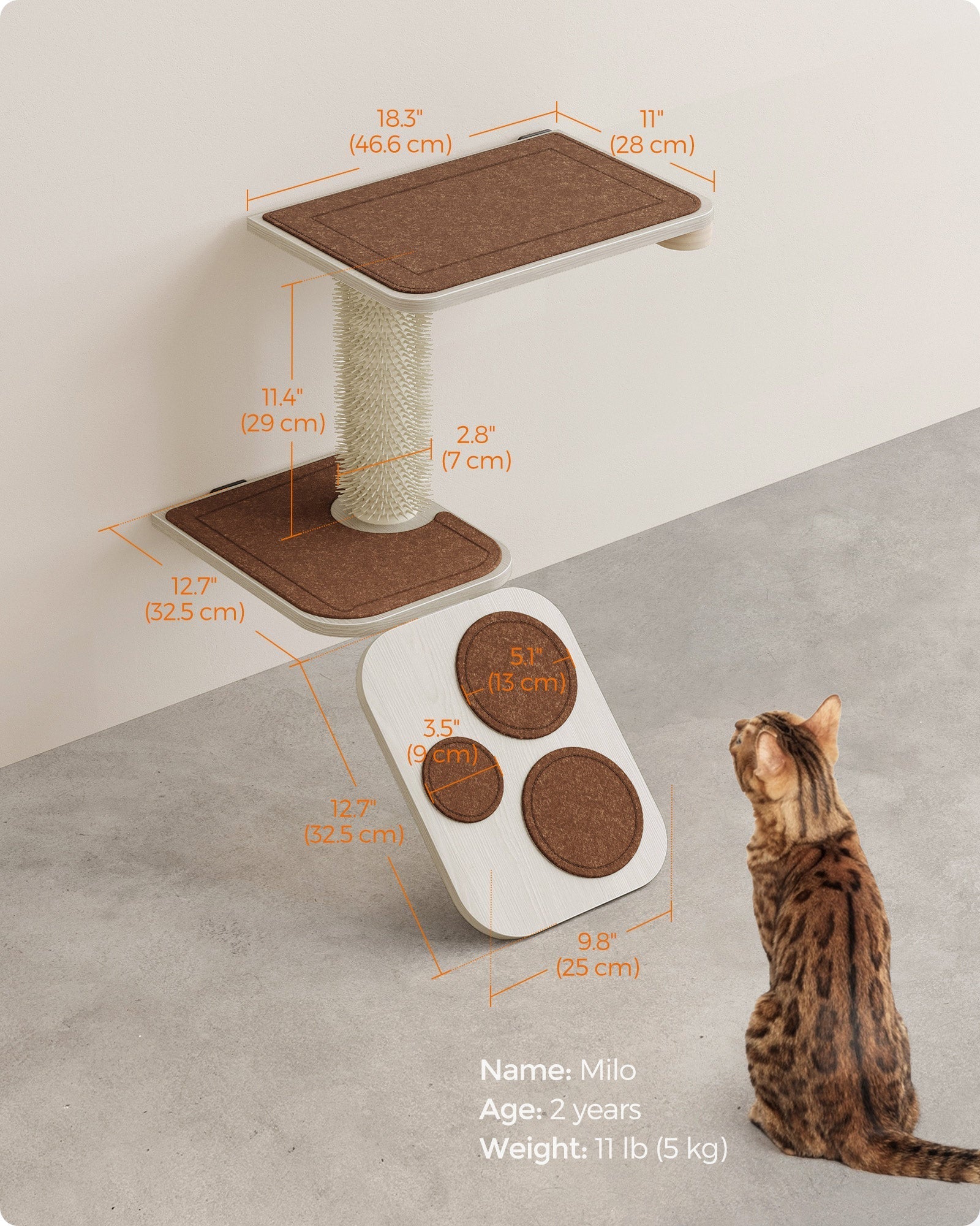 Wall-Mounted Cat Stairs - Wood - Natural Finish - Includes Shelf and Self-Groomer