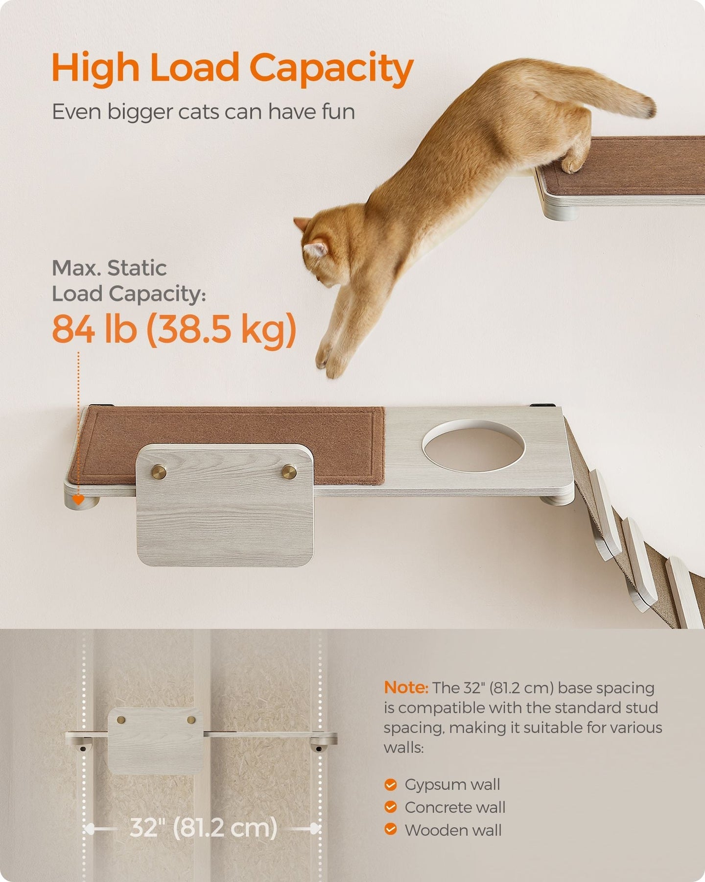 Wall-Mounted Cat Shelf - Wood - Natural Finish - Large with Felt Pad