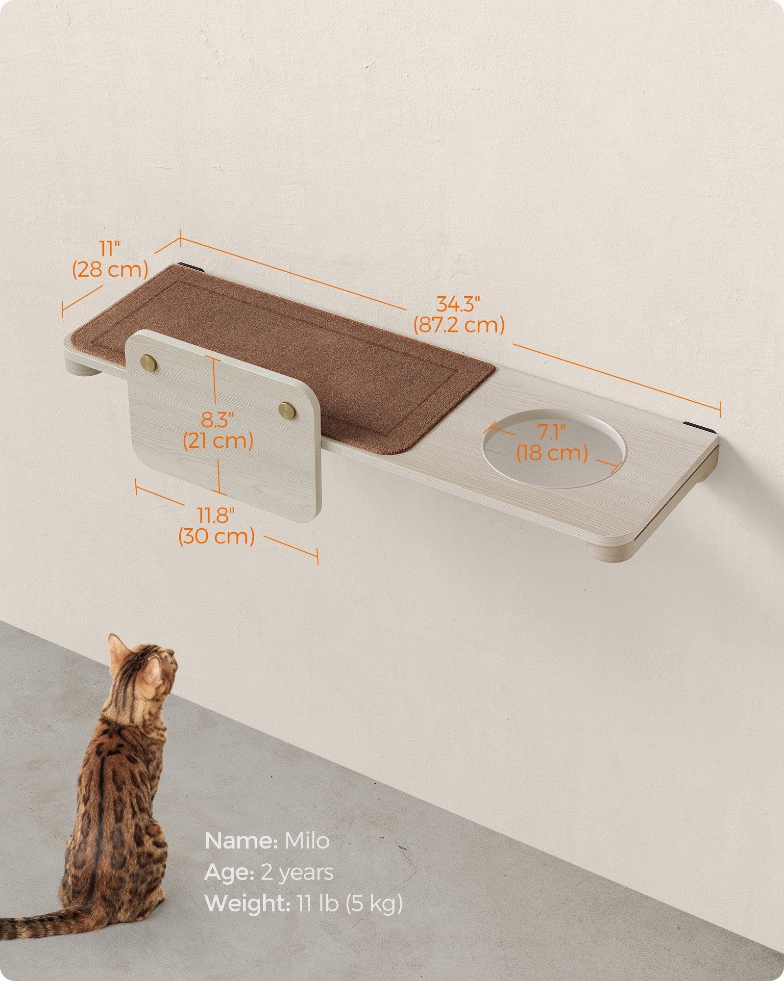 Wall-Mounted Cat Shelf - Wood - Natural Finish - Large with Felt Pad