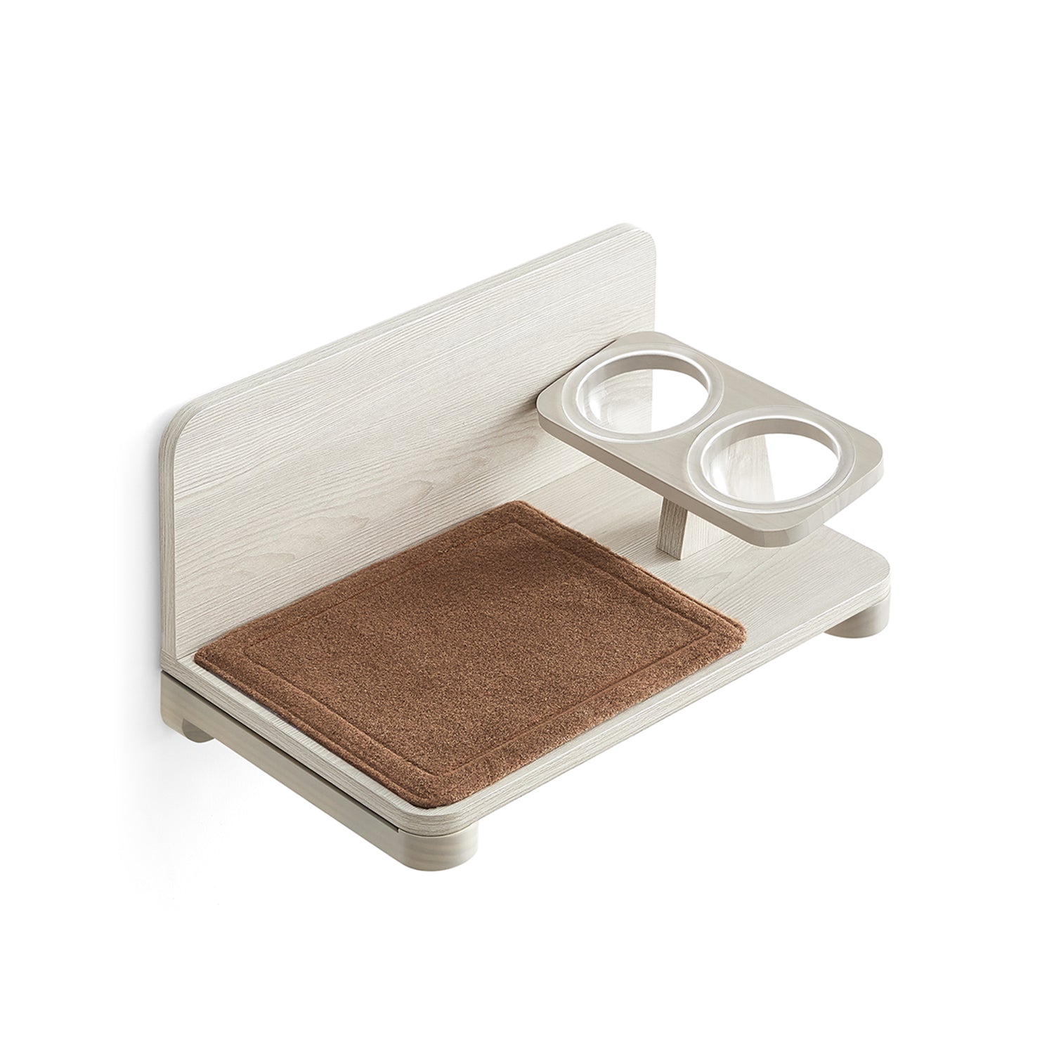Wall-Mounted Cat Food Station - Wood - Natural Finish - Elevated Bowls Design